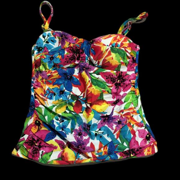 Chaps Floral Tankini Swim Top Multicolor Adjustable Straps Ruched Bust Size 6 M - Picture 1 of 4